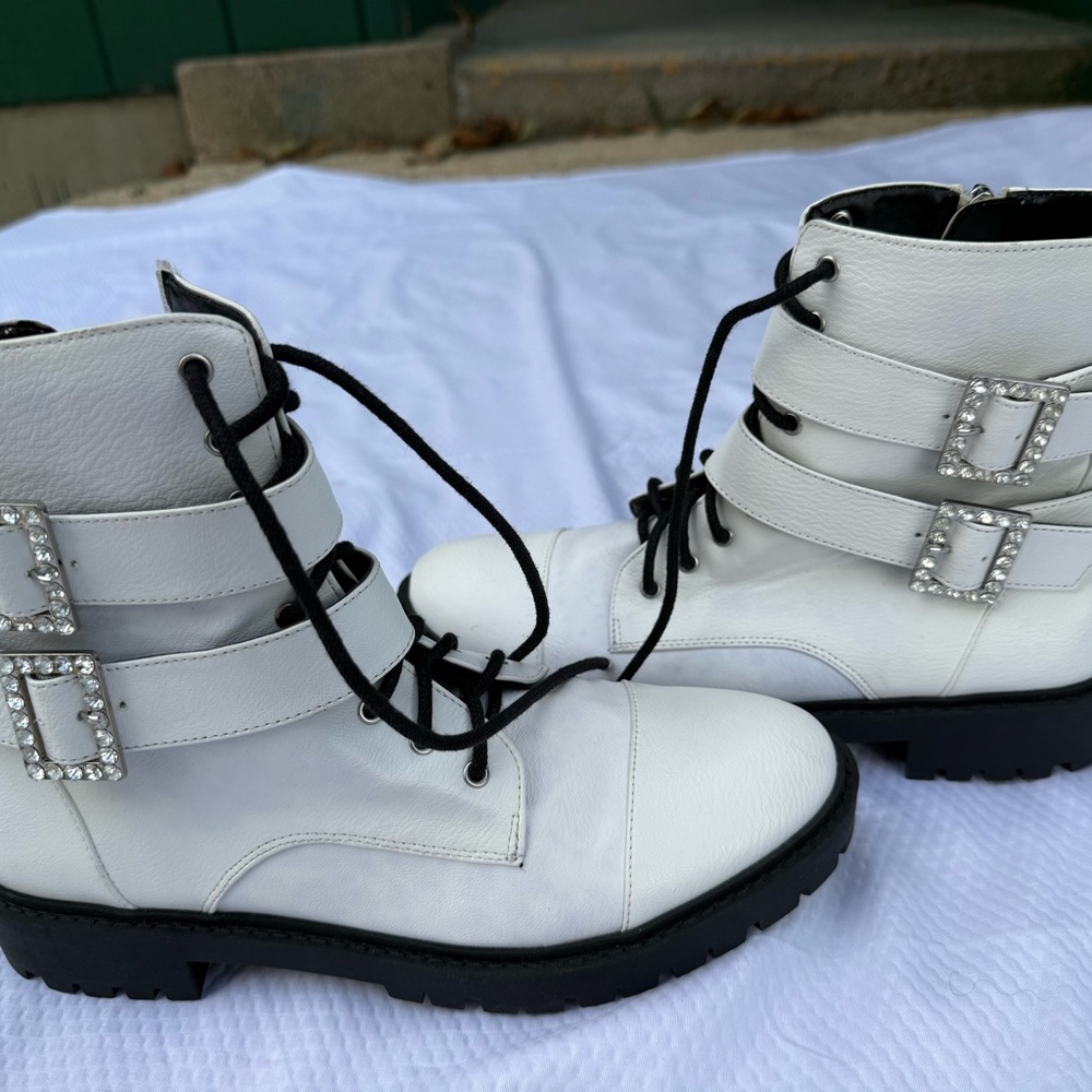 Jessica Simpson White Combat Boots with Rhinestone Buckles